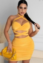 Summer Sexy Cut Out Yellow Halter Ruched Mini Dress