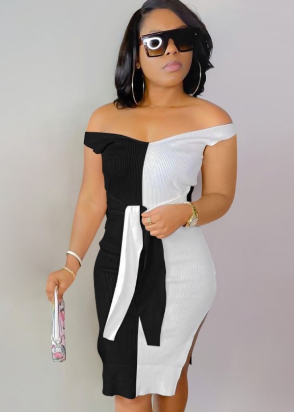 Summer Elegant Black and White Contrast Off Shoulder Split Knitted Midi Dress