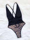 Summer Sexy Brown Leopard Patchwork Deep V Neck One Piece Swimsuit