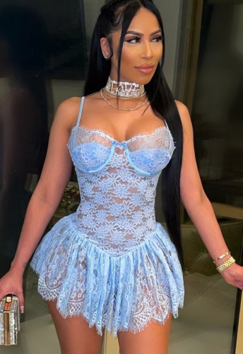 Summer Blue Lace Sexy Strap Party Dress