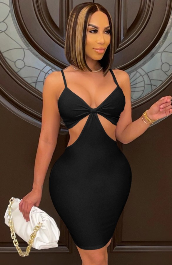 Summer Sexy Black Strap Hollow Out Bodycon Dress