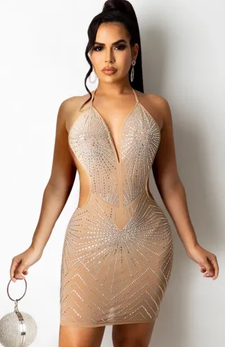 Summer Apricot Black Beaded Backless Mini Club Dress