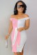 Summer Elegant Pink and White Contrast Off Shoulder Split Knitted Midi Dress