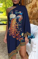 Sommer Peacock Print Neckholder Unregelmäßige One Shoulder Casual Dress