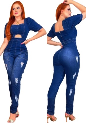 Summer Blue Hollow Out Square Neck Short Sleeve Ripped Denim Jumpsuit