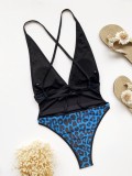 Summer Sexy Blue Leopard Patchwork Deep V Neck One Piece Swimsuit