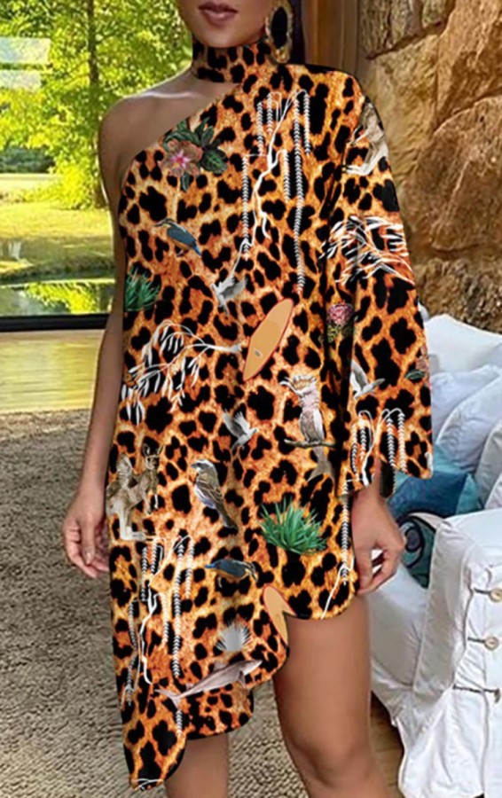 Summer Leopard Print Halter Neck Irregular One Shoulder Casual Dress