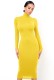 Autumn Elegant Yellow High Neck Long Sleeve Midi Dress