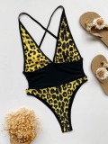 Traje de baño de una pieza con cuello en V profundo y retazos de leopardo amarillo sexy de verano