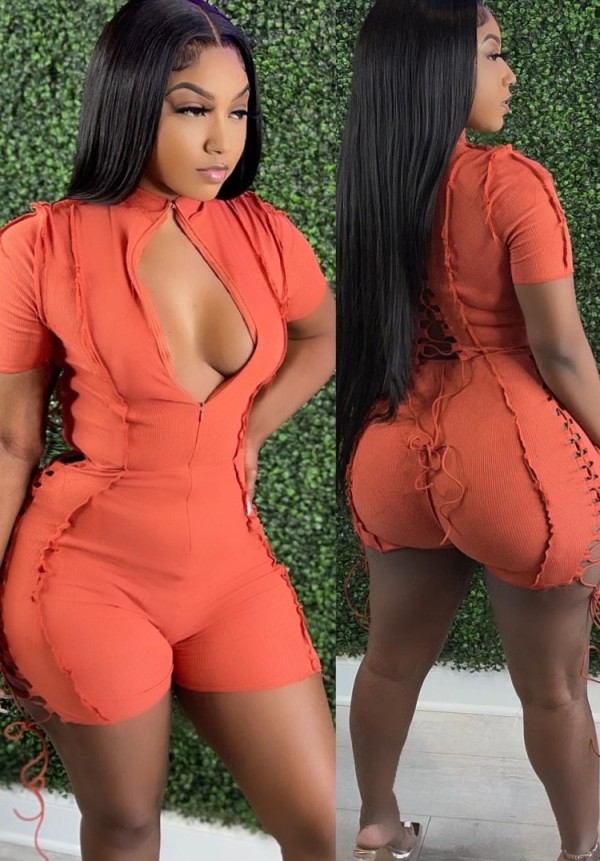 Summer Causal Orange Cut out cord line with zipper Rompers