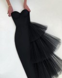 Summer Elegant Pure Black Strapless Evening Dress with Mesh Tail
