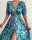 Summer Flower Blue V-neck Short Sleeve Maxi Dress