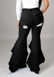Summer Black Ripped Bottom-Ruffles Flare Jeans