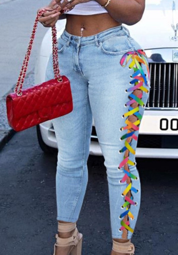 Autumn Rainbow color Side Lace Up Light Blue Skinny Jeans