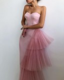 Summer Elegant Pure Pink Strapless Evening Dress with Mesh Tail