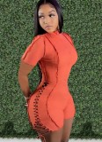 Summer Causal Orange Cut out cord line with zipper Rompers