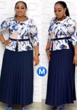 Summer Plus Size Mother of Bride Print Top and  Midi Dress Set