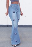 Autumn Light Blue Butterfly Print Flare Jeans