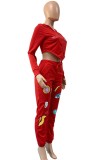 Autumn Casual Red Cute Print zipper hoodies long sleeve Top and Pant set
