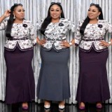 Autumn Plus Size Mother of Bride Print Top and  Long Dress Set