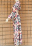 Summer Flower Print Cut out Sexy side Slit Long Sleeve Maxi Dress