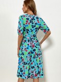Summer Flower Blue V-neck Short Sleeve Maxi Dress