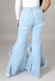 Summer LT-Blue Ripped Bottom-Ruffles Flare Jeans