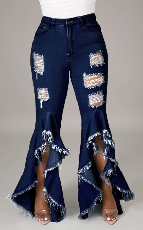 Summer Dk-Blue Ripped Bottom-Ruffles Flare Jeans