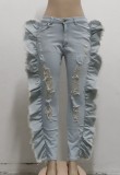 Summer LT-Blue Ripped Side Ruffles Flare Jeans