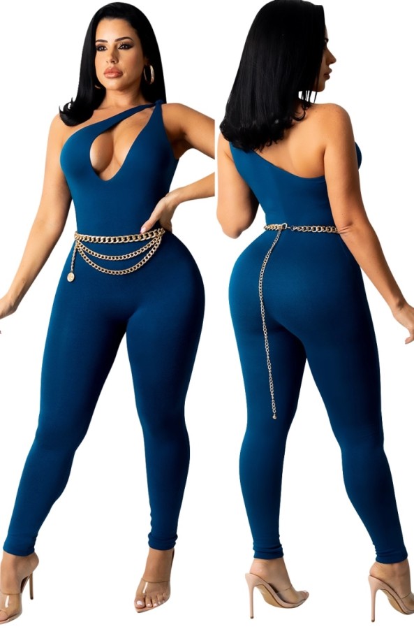 Sexy Blue Cutout One Shouler Sleeveless Fitted Jumpsuit