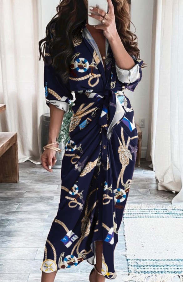 Autumn Printed Blue Formal Ruched Long Dress