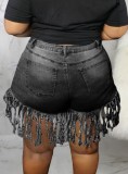 Summer Plus Size Casual Black Tassels Denim Shorts