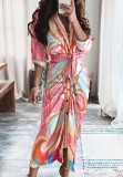 Autumn Printed Pink Formal Ruched Long Dress