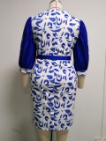 Summer Plus Size Mother of Bride Print With Blue Half sleeve Midi Dress