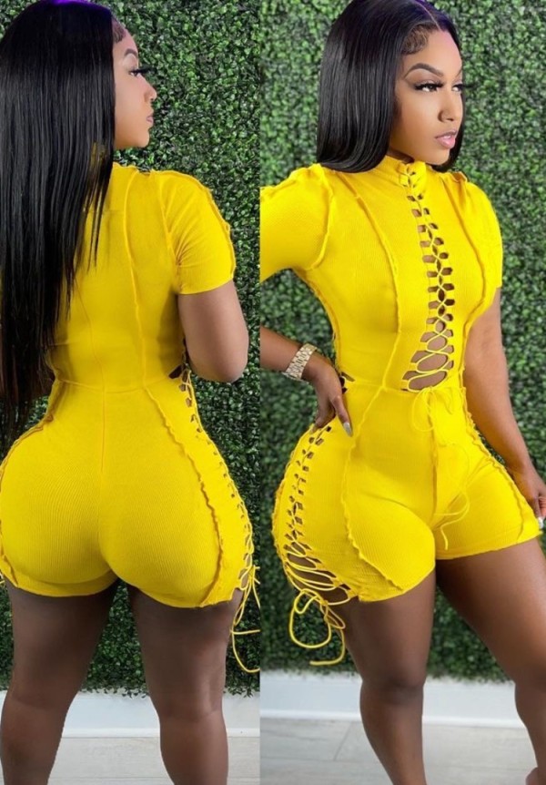 Summer Causal Yellow Cut out cord line with zipper Rompers