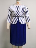 Autumn Plus Size Mother of Bride Print Top and Blue Midi Dress Set