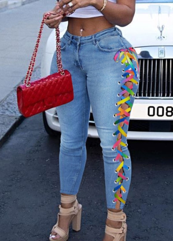Autumn Rainbow color Side Lace Up Blue Skinny Jeans