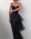 Summer Elegant Pure Black Strapless Evening Dress with Mesh Tail