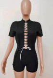 Summer Causal Black Cut out cord line with zipper Rompers
