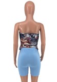 Summer Sexy Blue Printed Fitted Strapless Top and Matching Shorts Set