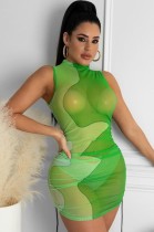 Mini abito senza maniche a contrasto verde estivo sexy trasparente