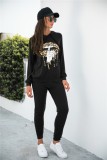 Autumn Casual Printed Black Hoody Tracksuit