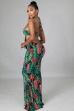 Summer Sexy Floral Green Hollow Out Halter Strap Mermaid Long Dress