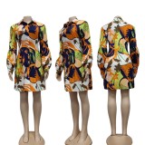 Autumn Floral Casual Shirt Dress with Ruffled Sleeve