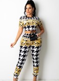 Summer Sexy Retro Floral Printed Short Sleeve Crop Top and Matching Pants Set