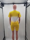 Summer Casual Yellow Two Piece Matching Gradient Shirt and Biker Shorts Set