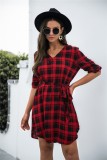 Autumn Red V Neck Long Sleeve Plaid Casual Dress with Belt