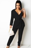 Autumn Casaul Black One long Sleeve With Chain Straps Blazer and Pant Set