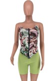 Summer Sexy Green Printed Fitted Strapless Top and Matching Shorts Set
