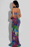 Summer Sexy Floral Blue Hollow Out Halter Strap Mermaid Long Dress